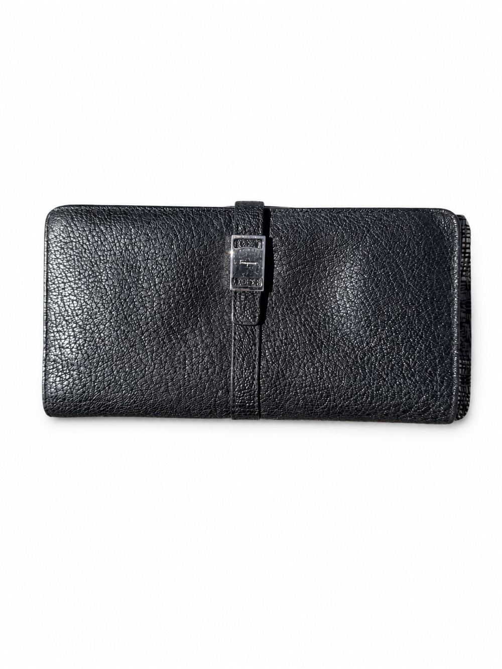 Salvatore Ferragamo Black Textured Leather Zip Wallet with Silver Hardware